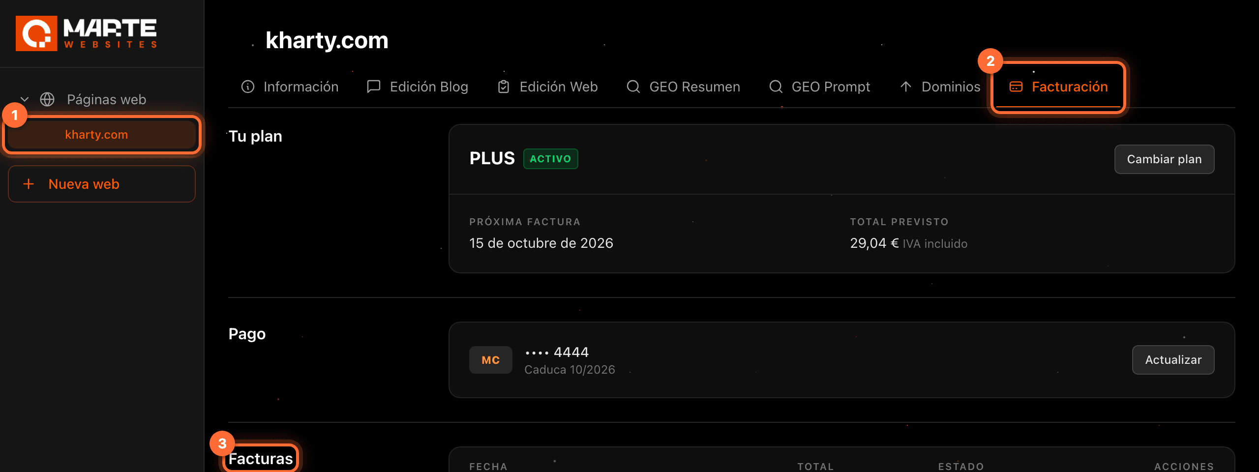 Panel de aMarte con la web kharty.com (1), la pestaña «Facturación» (2) y el título de la sección «Facturas» (3) resaltados