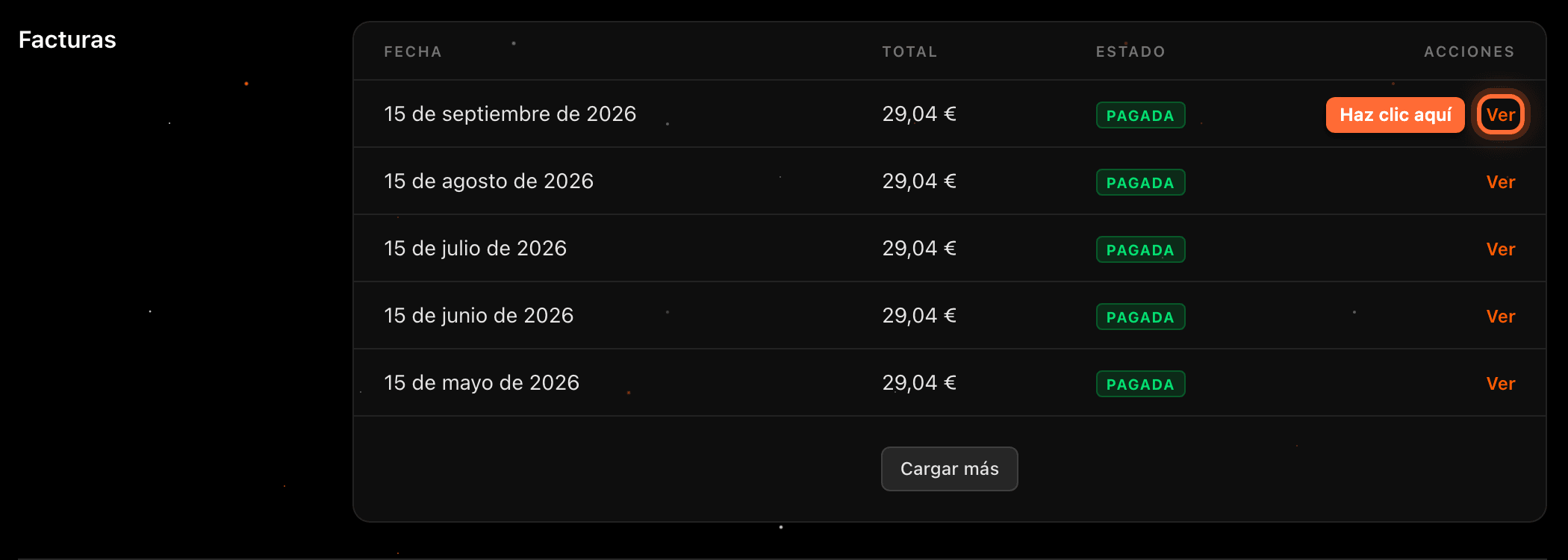 Lista de facturas con el enlace «Ver» de la factura del 15 de septiembre de 2026 resaltado