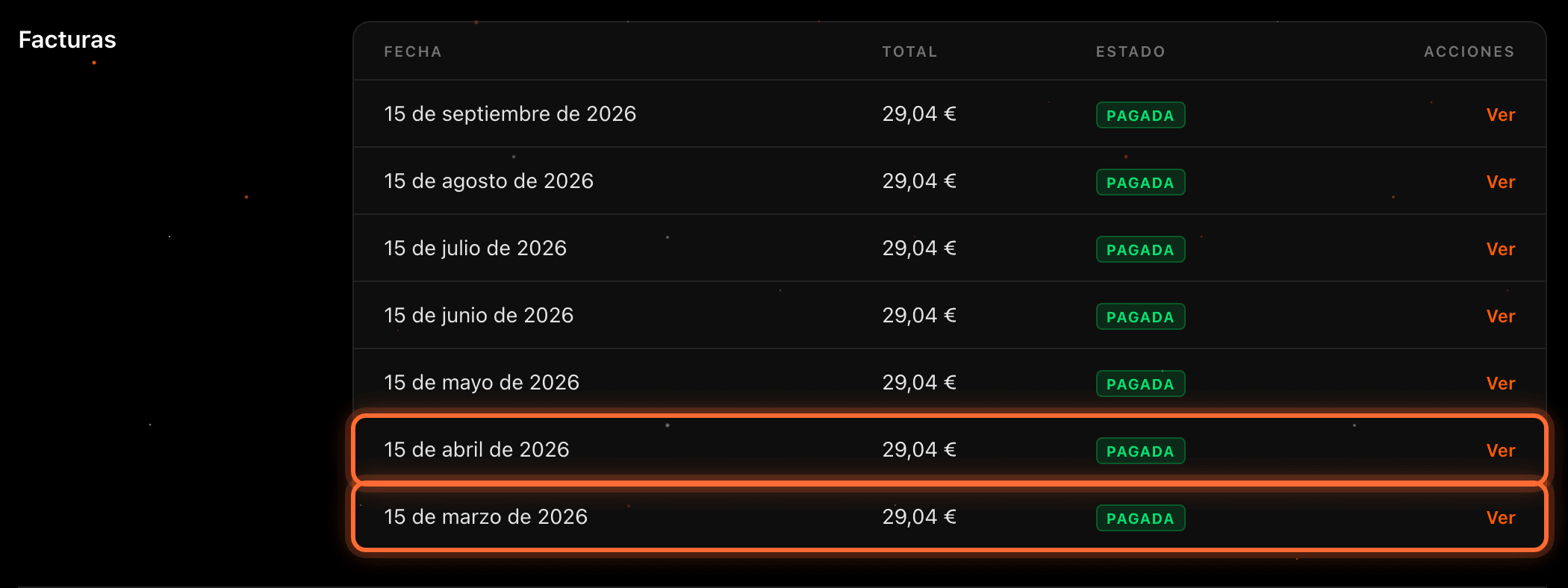 Lista de facturas después de pulsar «Cargar más», con las facturas de abril y marzo de 2026 resaltadas
