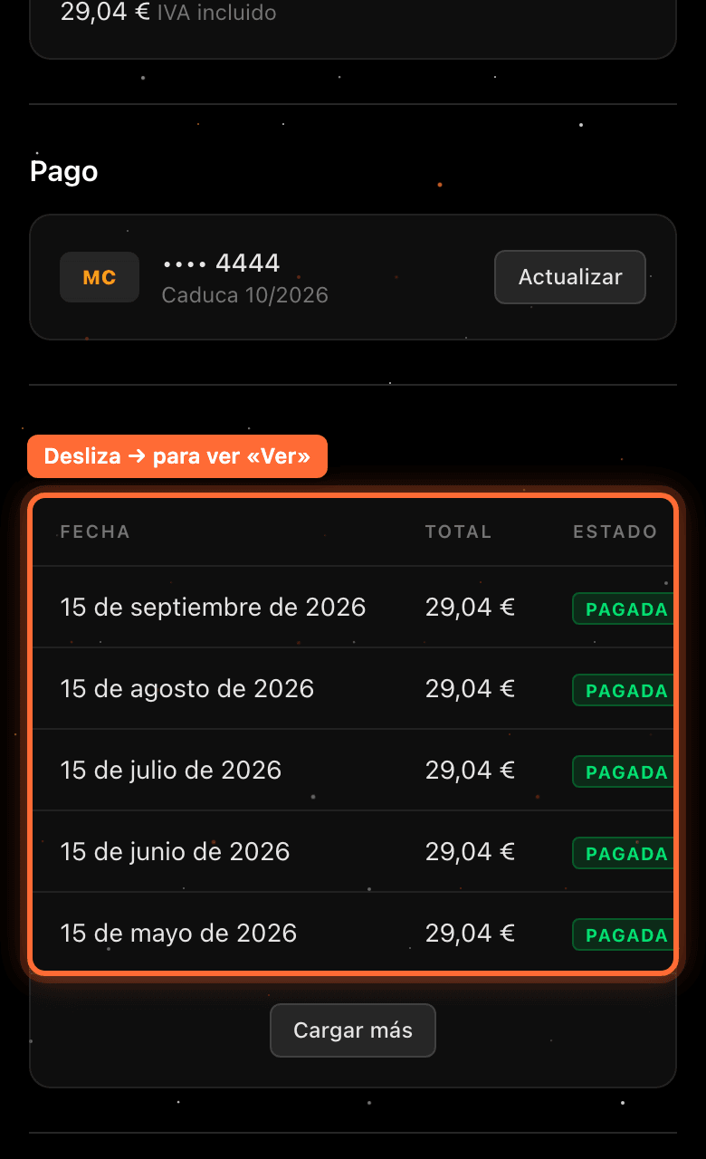 Tabla de facturas en el móvil resaltada, con la indicación de deslizar para ver «Ver»