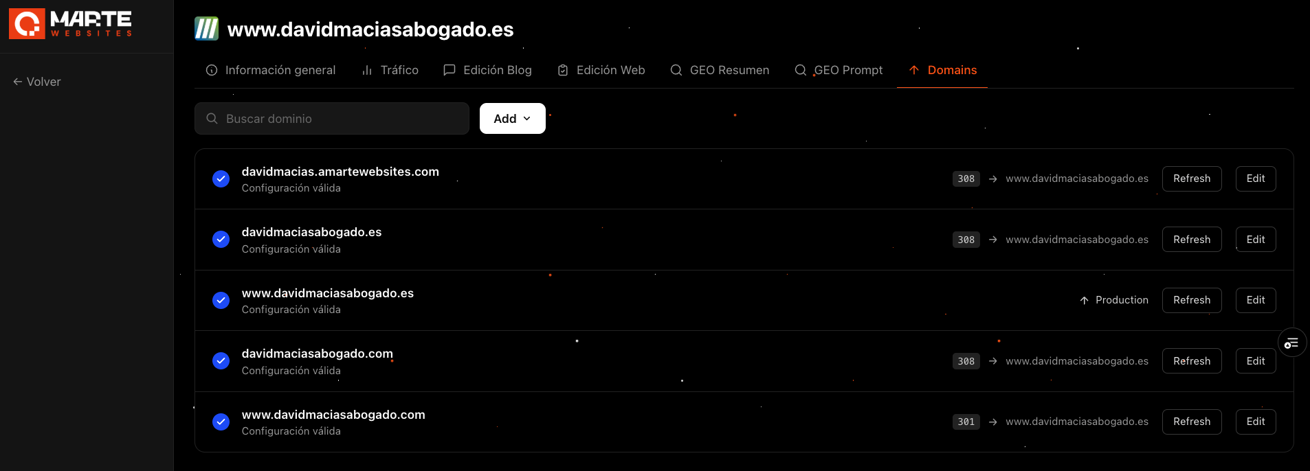 Domains tab in a website's workspace, showing the list of connected domains