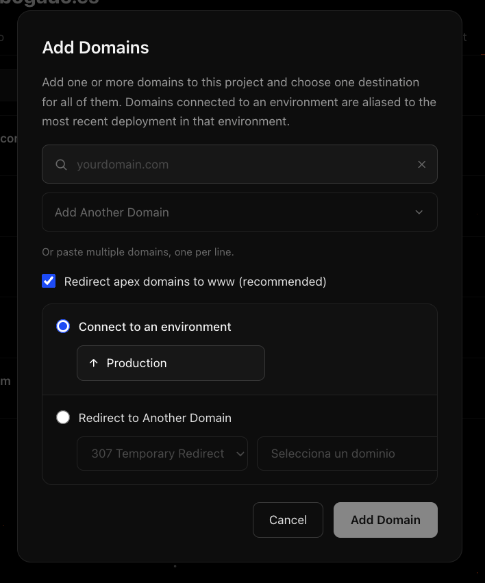 Add Domains modal with the apex-to-www redirect option and the choice between connecting to an environment or redirecting to another domain