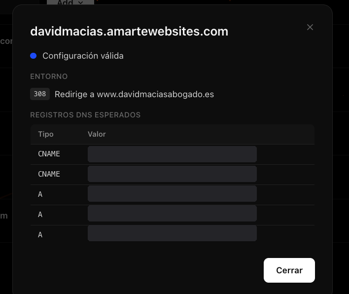 Domain detail showing its configuration status and the expected DNS records