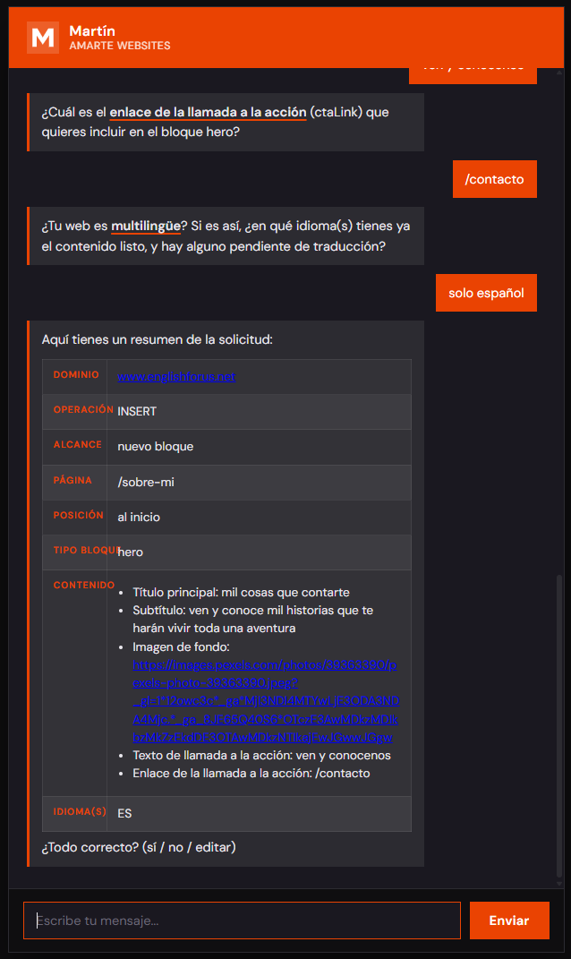 Summary block with the request data and the question Is everything correct?
