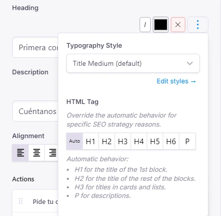 Menu of an image's heading with Typography Style and HTML Tag
