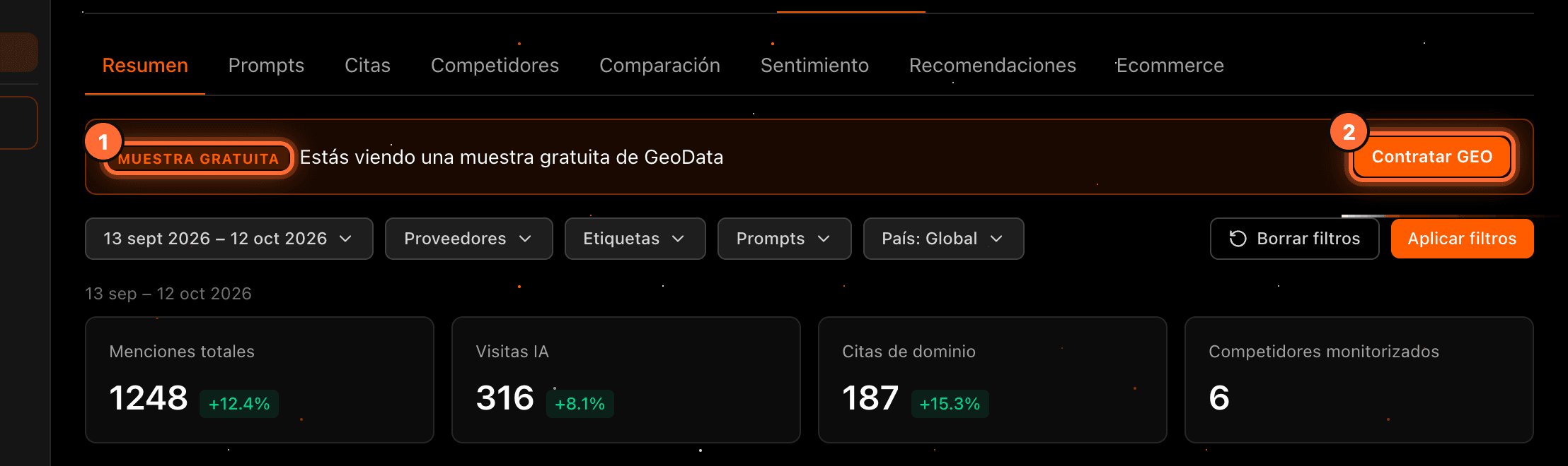 The "Muestra gratuita — Estás viendo una muestra gratuita de GeoData" notice highlighted (1) and its "Contratar GEO" button highlighted (2)