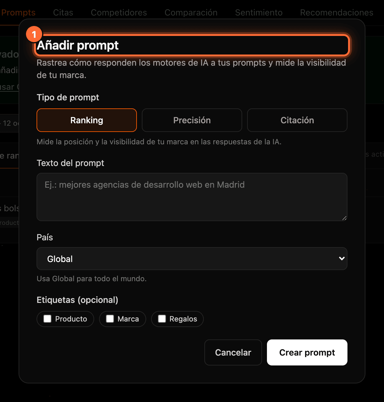 The "Añadir prompt" window open right after upgrading to GEO, with its title highlighted (1)