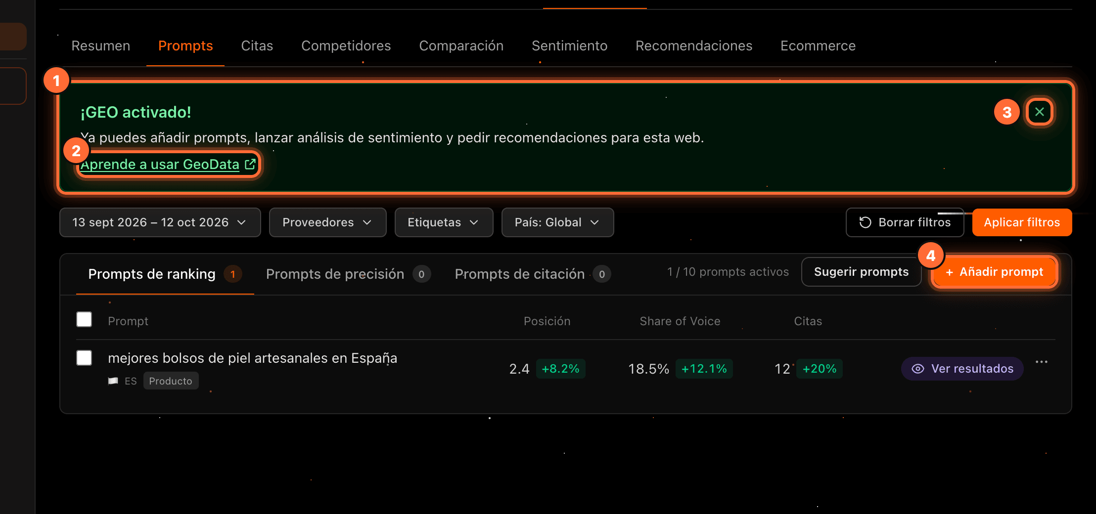 The "¡GEO activado!" card highlighted (1), with the "Aprende a usar GeoData" link (2), the X to close it (3) and the "Añadir prompt" button (4) highlighted