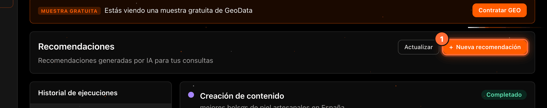 The "Recomendaciones" sub-tab on the sample with the "Nueva recomendación" button highlighted (1)