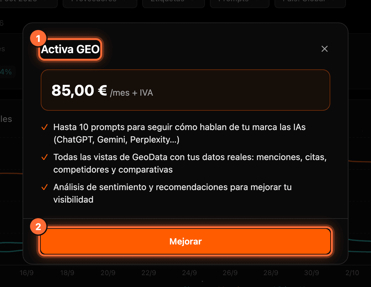 The "Activa GEO" window with the title (1) and the "Mejorar" button (2) highlighted