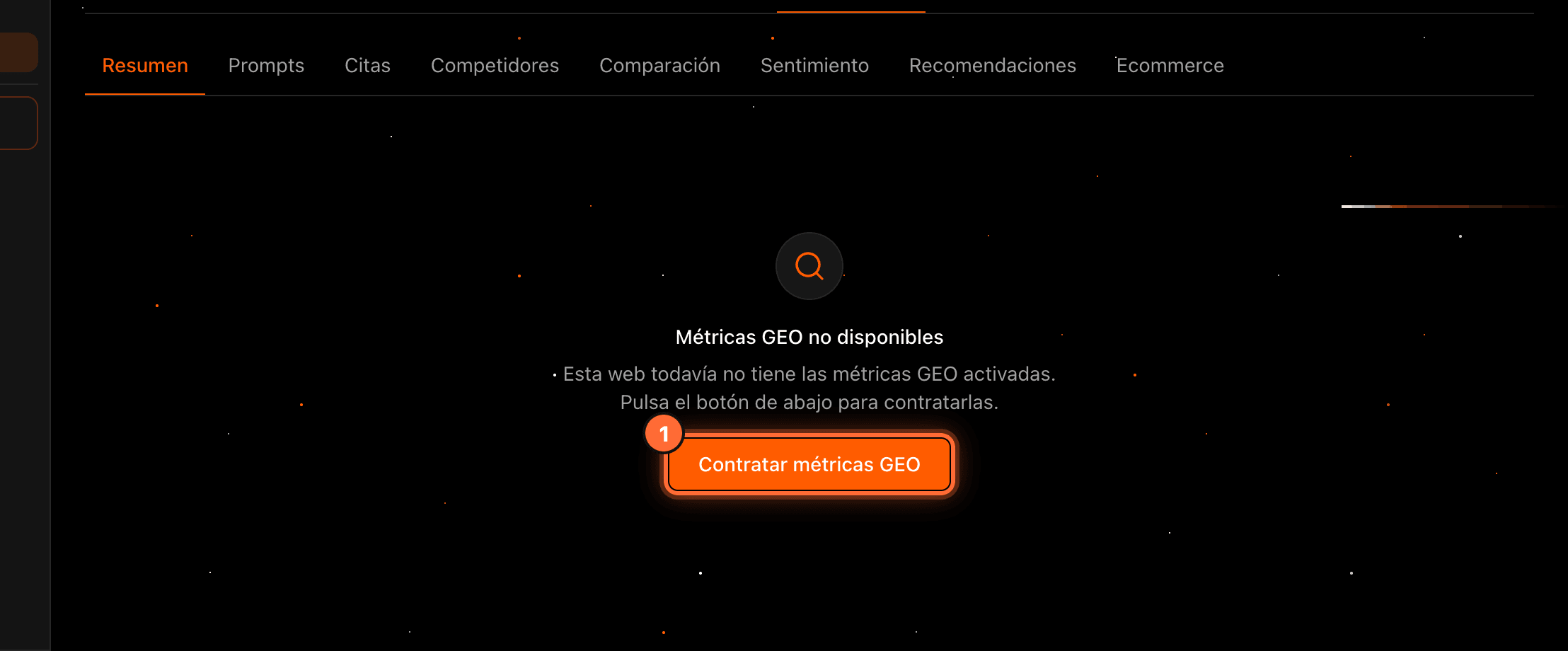 The "Métricas GEO no disponibles" notice with the "Contratar métricas GEO" button highlighted (1)