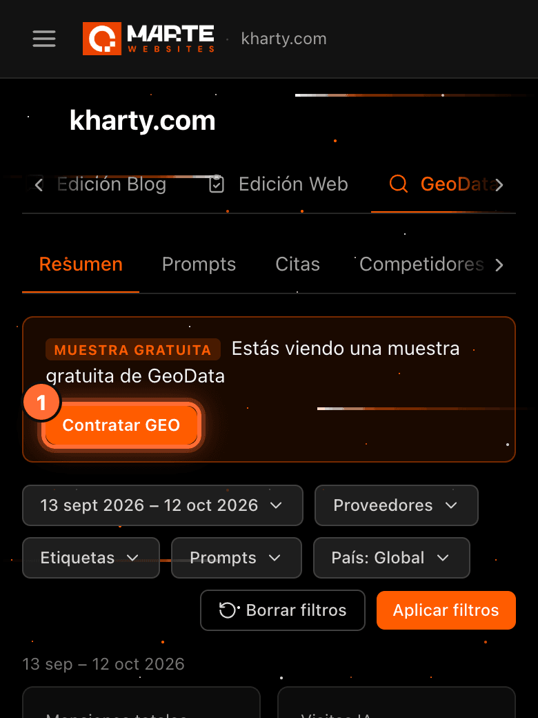 The "Muestra gratuita" notice on mobile with the "Contratar GEO" button highlighted (1)