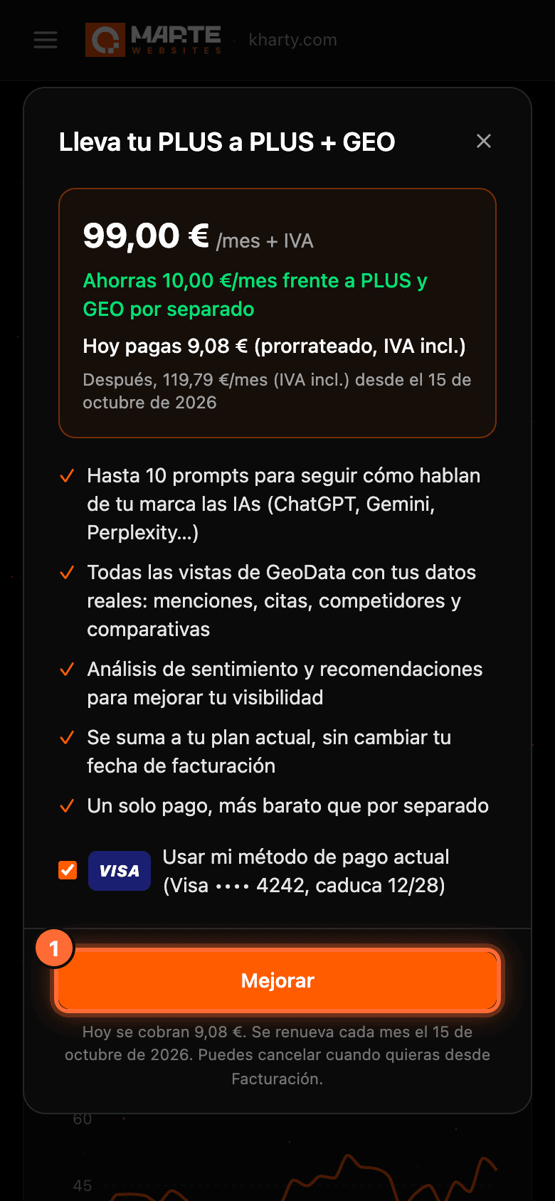 The "Lleva tu PLUS a PLUS + GEO" window on mobile with the "Mejorar" button highlighted (1)