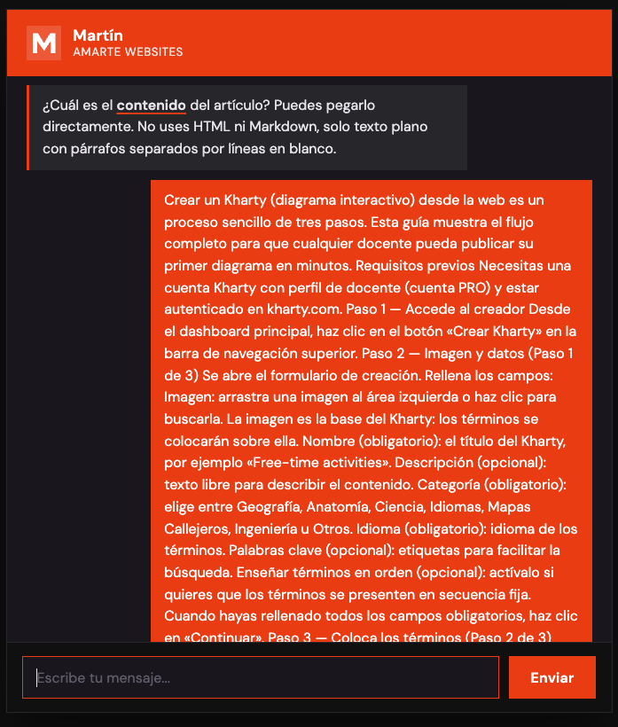 Article content input in the Martín chat
