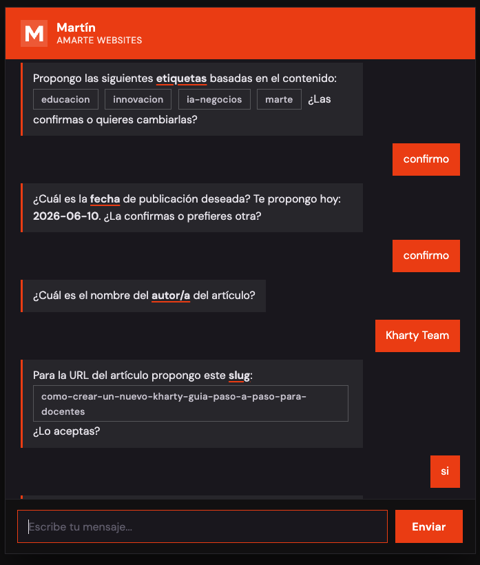 Tag, date, author and slug confirmation in the Martín chat