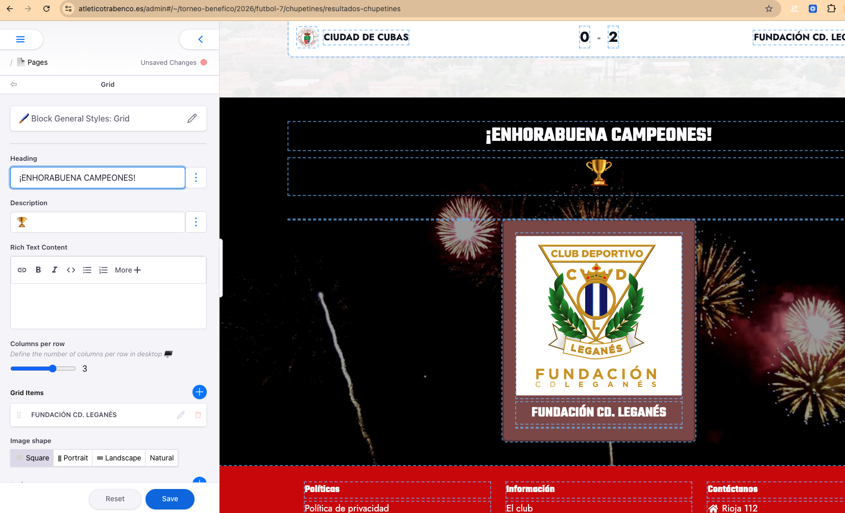 Editor showing the Grid block with the title ¡Enhorabuena Campeones!, the Fundación CD Leganés shield and a fireworks animation in the background
