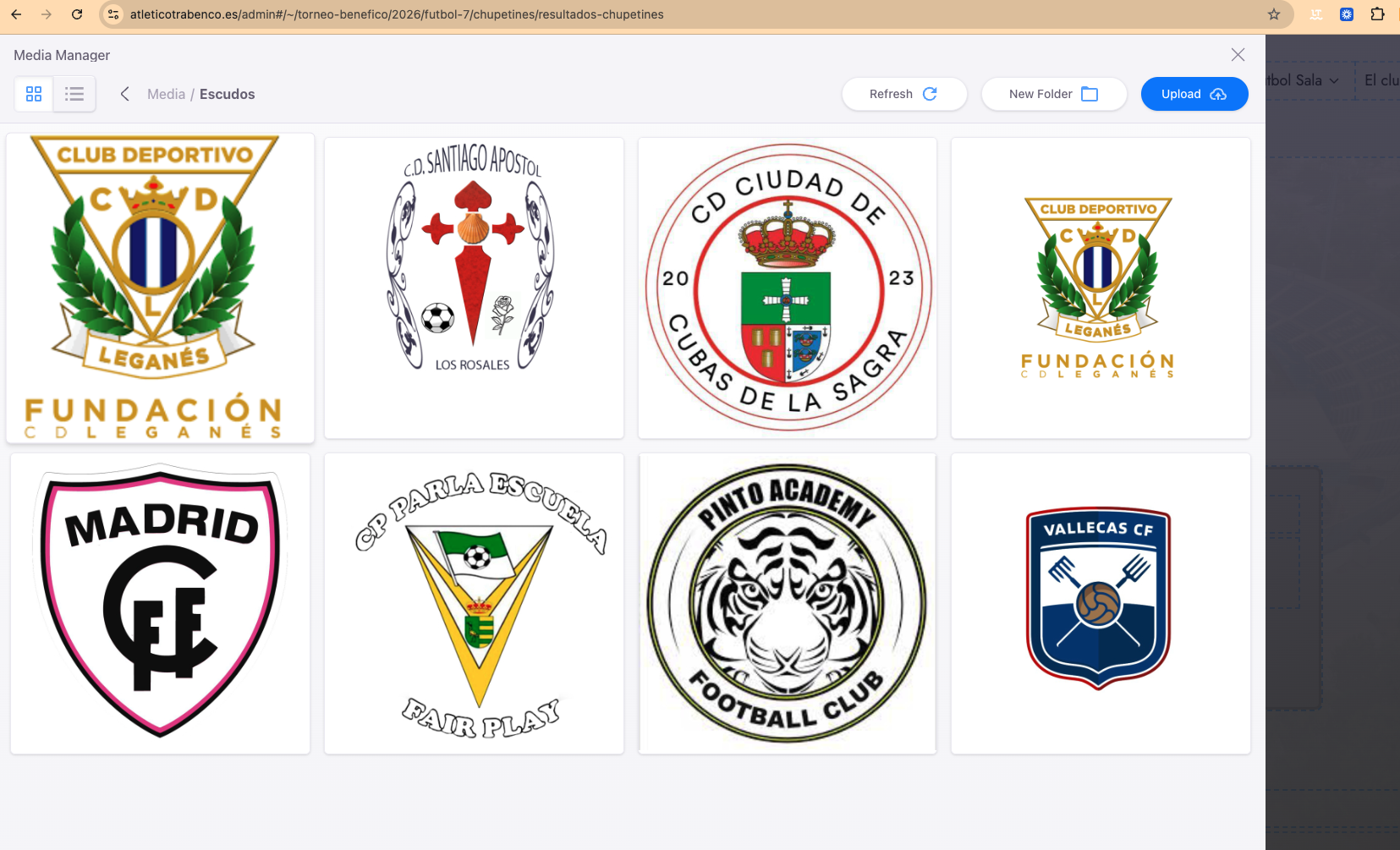 Media Manager showing the Escudos folder with shields for Fundación CD Leganés, CD Santiago Apostol, CD Ciudad de Cubas, Pinto Academy, Madrid CF, CP Parla Escuela Fair Play and Vallecas CF