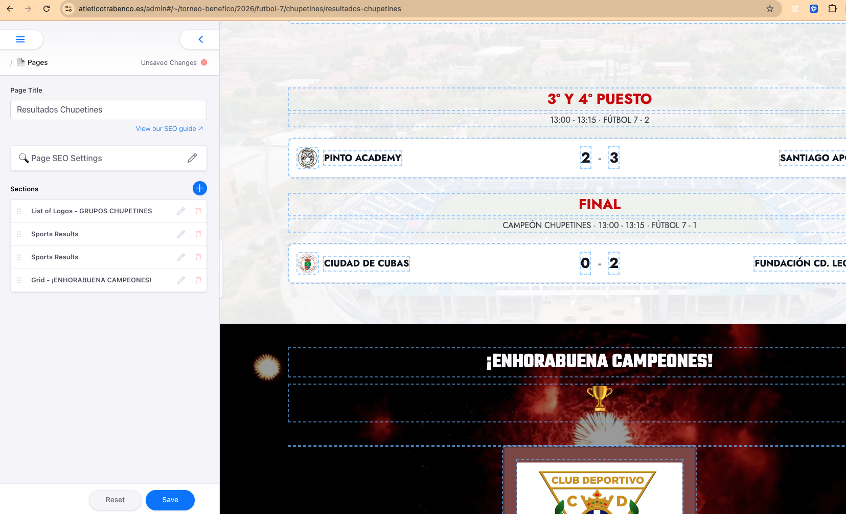 Editor panel showing the block structure of a tournament page: List of Logos, Sports Results x2 and Grid ¡Enhorabuena Campeones!
