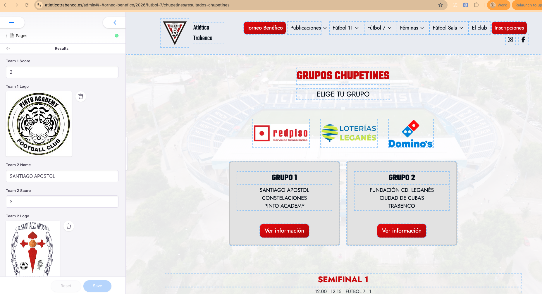Editor panel with Team 1 Name, Team 1 Score, Team 2 Name and Team 2 Score fields filled in, with a live tournament preview on the right