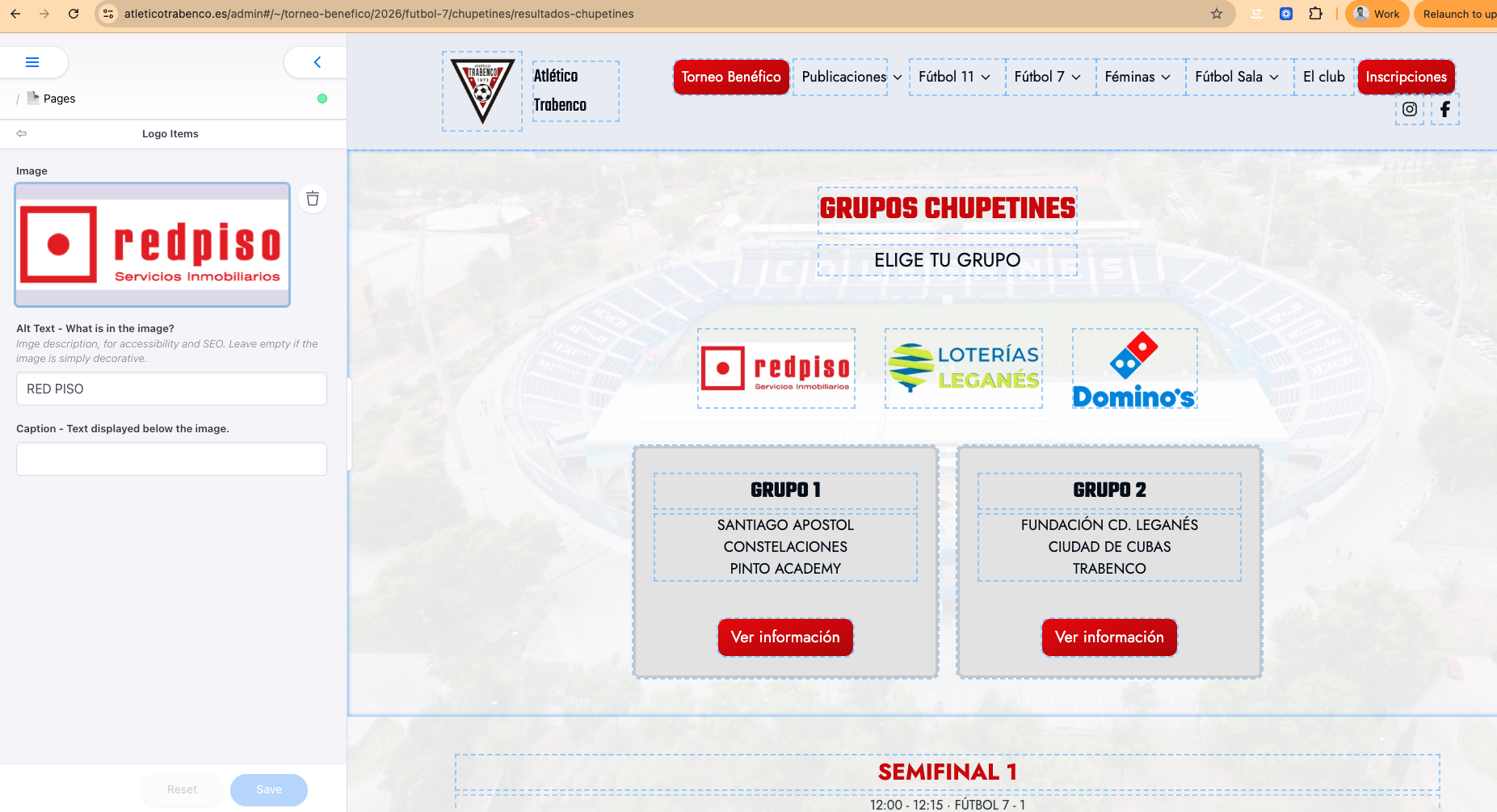 Editor panel showing sponsor logos for Redpiso, Loterías Leganés and Domino's on the Chupetines groups page