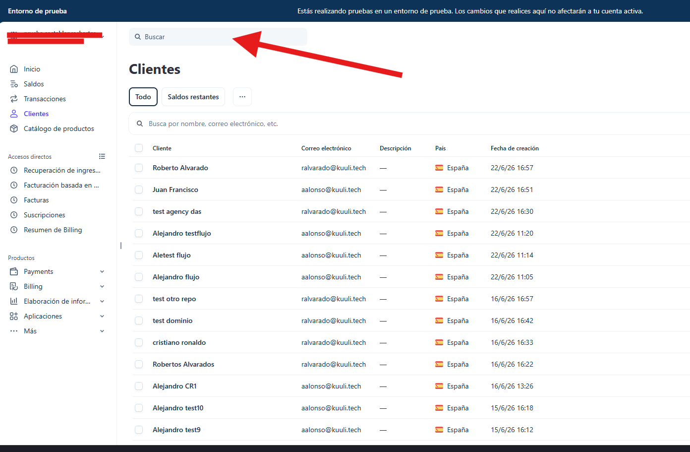 Stripe customer list with the search bar highlighted