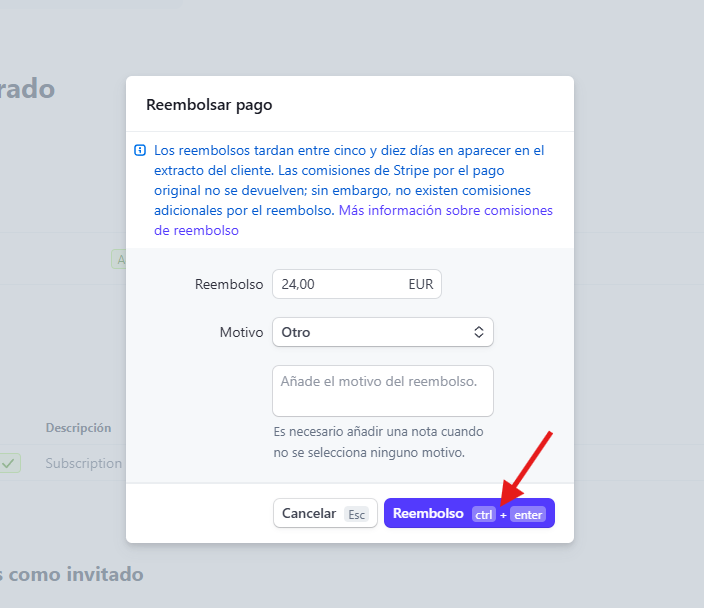 Button to confirm the refund in Stripe
