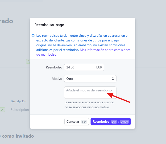 Field to add the refund reason in Stripe