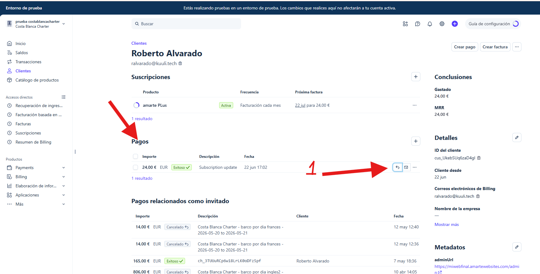Stripe customer profile with the Payments section and the refund button highlighted