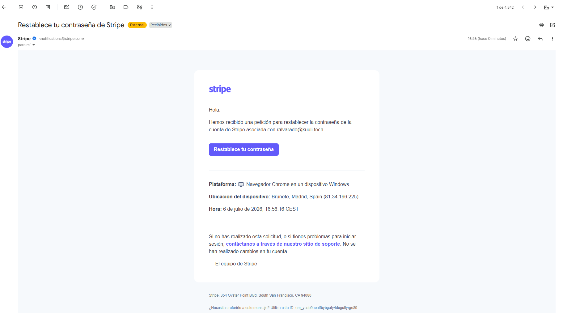 Inbox showing the Stripe email with the subject related to resetting the password