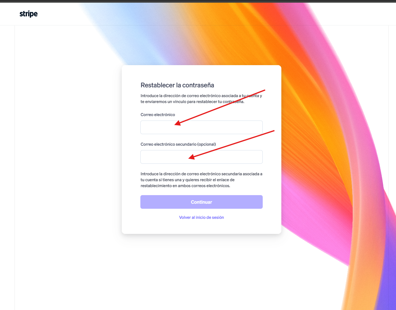 Form to enter your email address to reset the Stripe password