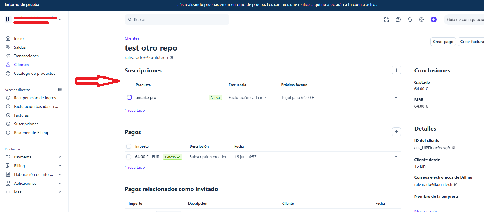 Stripe customer profile with the Subscriptions section highlighted