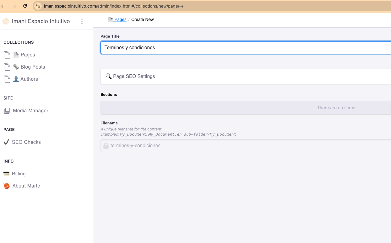 Creating the Terms and Conditions page in the Marte panel