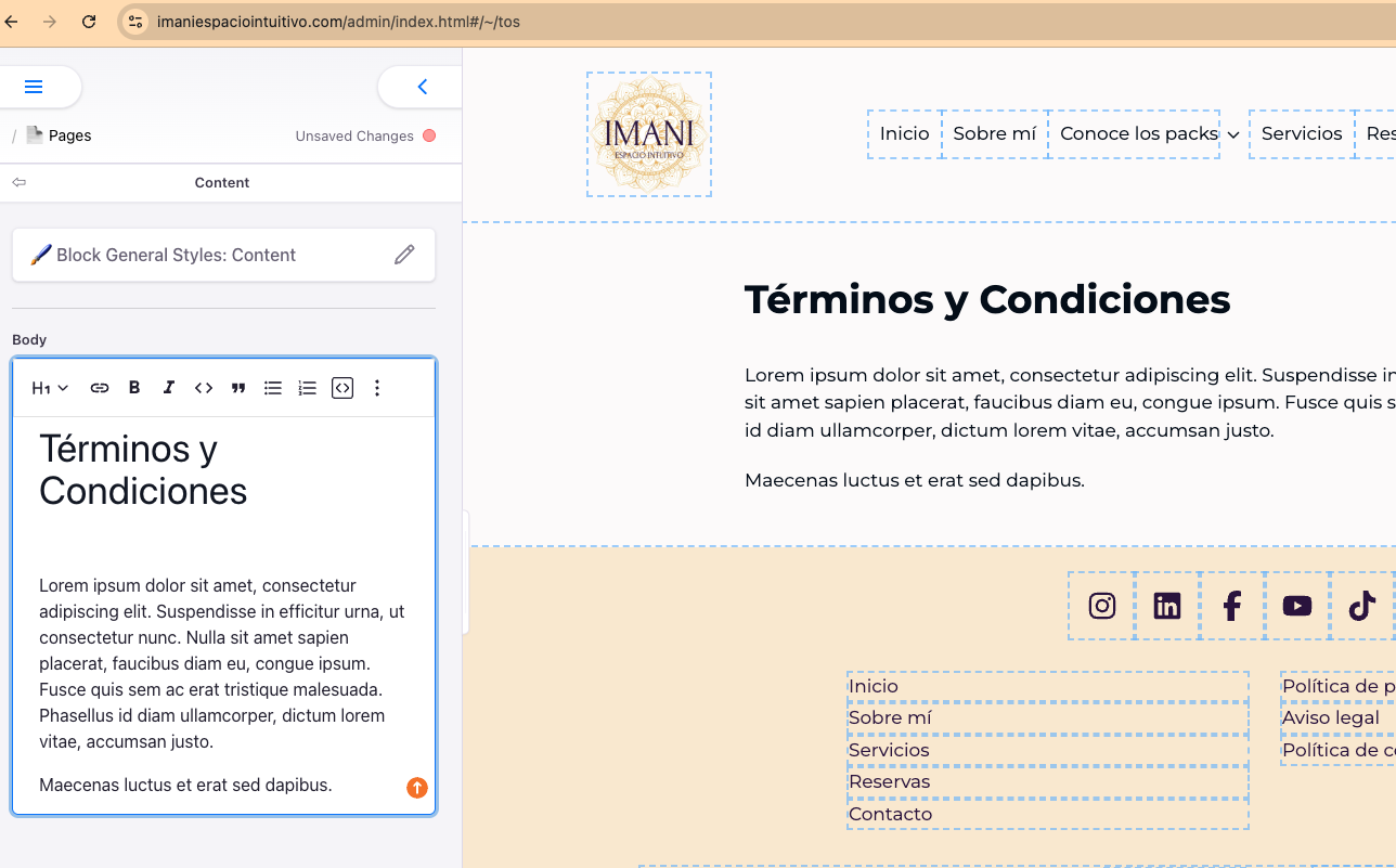 Editing the Terms and Conditions content block